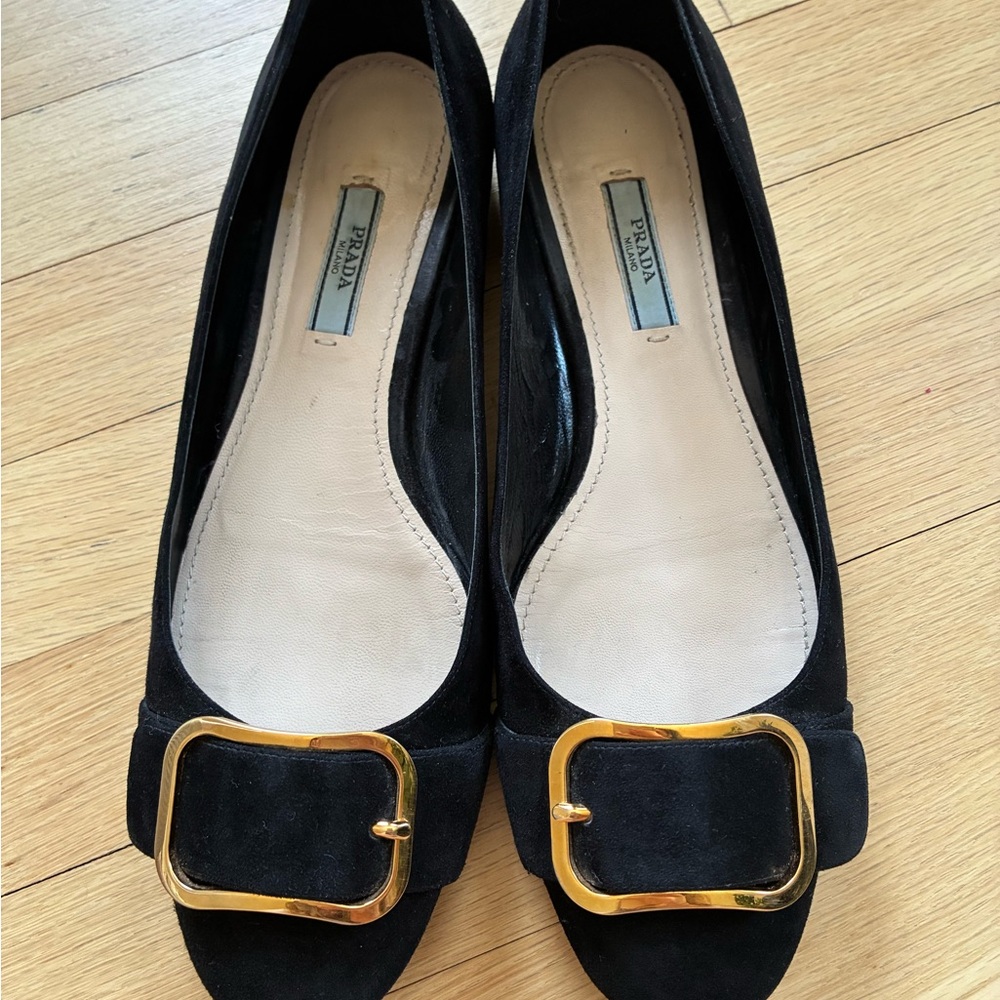 Prada Black Suede Flats with Gold Buckle